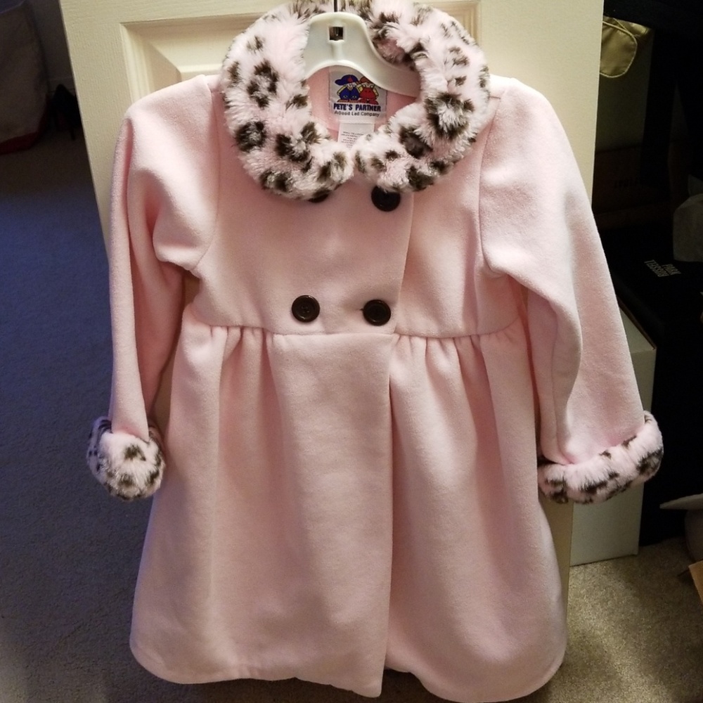 Pink Fleece Kids Coat with Leopard Trim
